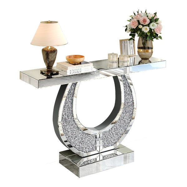 English Elm 45 Inch Mirrored Console Table Crushed Diamond Crystal Glam Entryway Silver Sofa W1445P513724