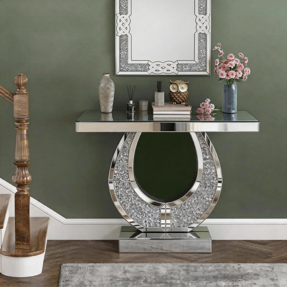 English Elm 45 Inch Mirrored Console Table Crushed Diamond Crystal Glam Entryway Silver Sofa W1445P513724