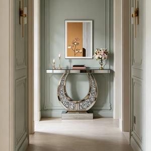 English Elm 45 Inch Mirrored Console Table Crushed Diamond Crystal Glam Entryway Silver Sofa W1445P513724