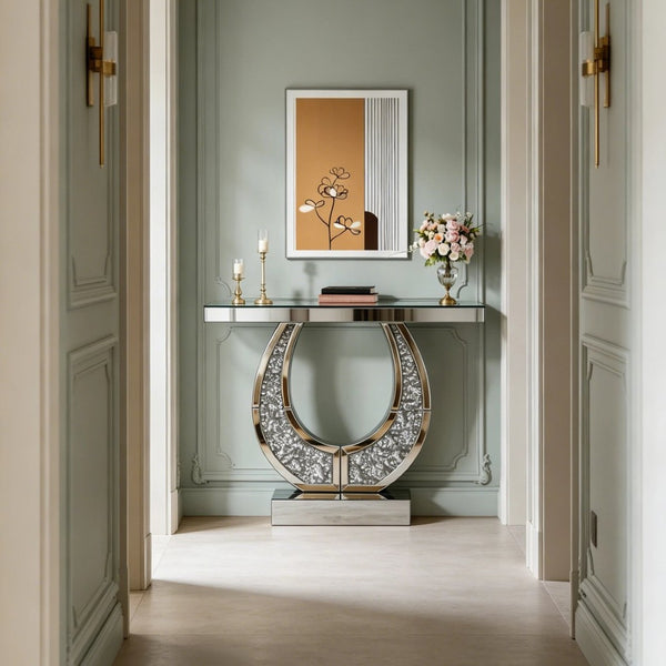 English Elm 45 Inch Mirrored Console Table Crushed Diamond Crystal Glam Entryway Silver Sofa W1445P513724