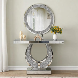 English Elm 45 Inch Mirrored Console Table Crushed Diamond Crystal Glam Entryway Silver Sofa W1445P513724