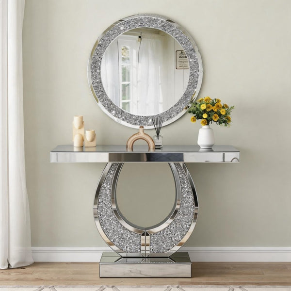 English Elm 45 Inch Mirrored Console Table Crushed Diamond Crystal Glam Entryway Silver Sofa W1445P513724