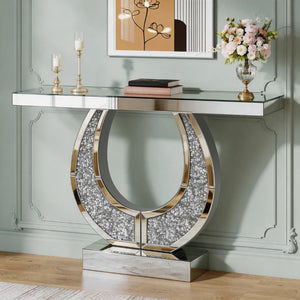 English Elm 45 Inch Mirrored Console Table Crushed Diamond Crystal Glam Entryway Silver Sofa W1445P513724