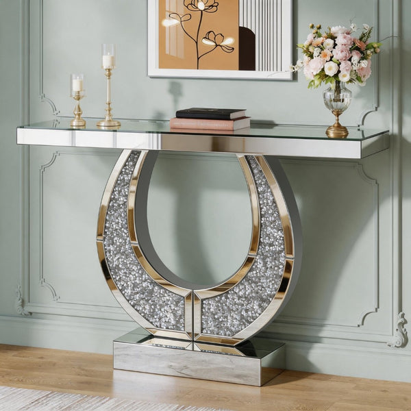 English Elm 45 Inch Mirrored Console Table Crushed Diamond Crystal Glam Entryway Silver Sofa W1445P513724