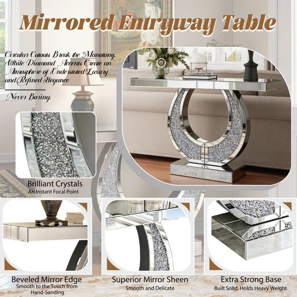 English Elm 45 Inch Mirrored Console Table Crushed Diamond Crystal Glam Entryway Silver Sofa W1445P513724