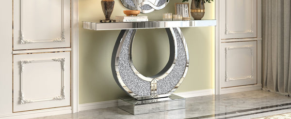 English Elm 45 Inch Mirrored Console Table Crushed Diamond Crystal Glam Entryway Silver Sofa W1445P513724