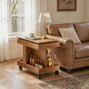 English Elm Small Rolling Coffee Table with Rotating Top Two Tier Shelf for Living Room Bedroom W1445P513973