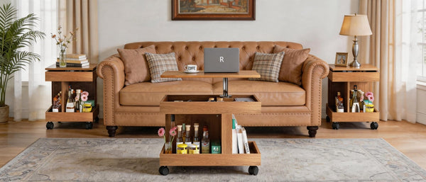 English Elm Small Rolling Coffee Table with Rotating Top Two Tier Shelf for Living Room Bedroom W1445P513973