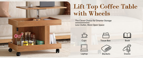 English Elm Small Rolling Coffee Table with Rotating Top Two Tier Shelf for Living Room Bedroom W1445P513973