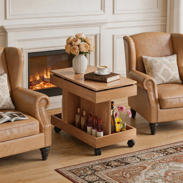 English Elm Small Rolling Coffee Table with Rotating Top Two Tier Shelf for Living Room Bedroom W1445P513973