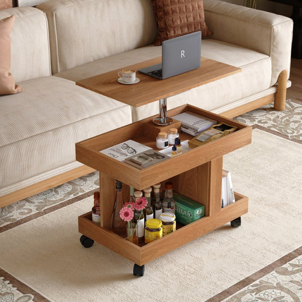 English Elm Small Rolling Coffee Table with Rotating Top Two Tier Shelf for Living Room Bedroom W1445P513973