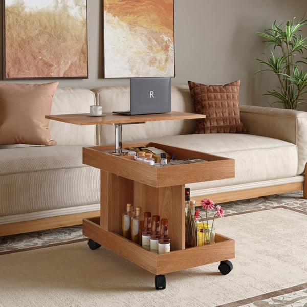 English Elm Small Rolling Coffee Table with Rotating Top Two Tier Shelf for Living Room Bedroom W1445P513973