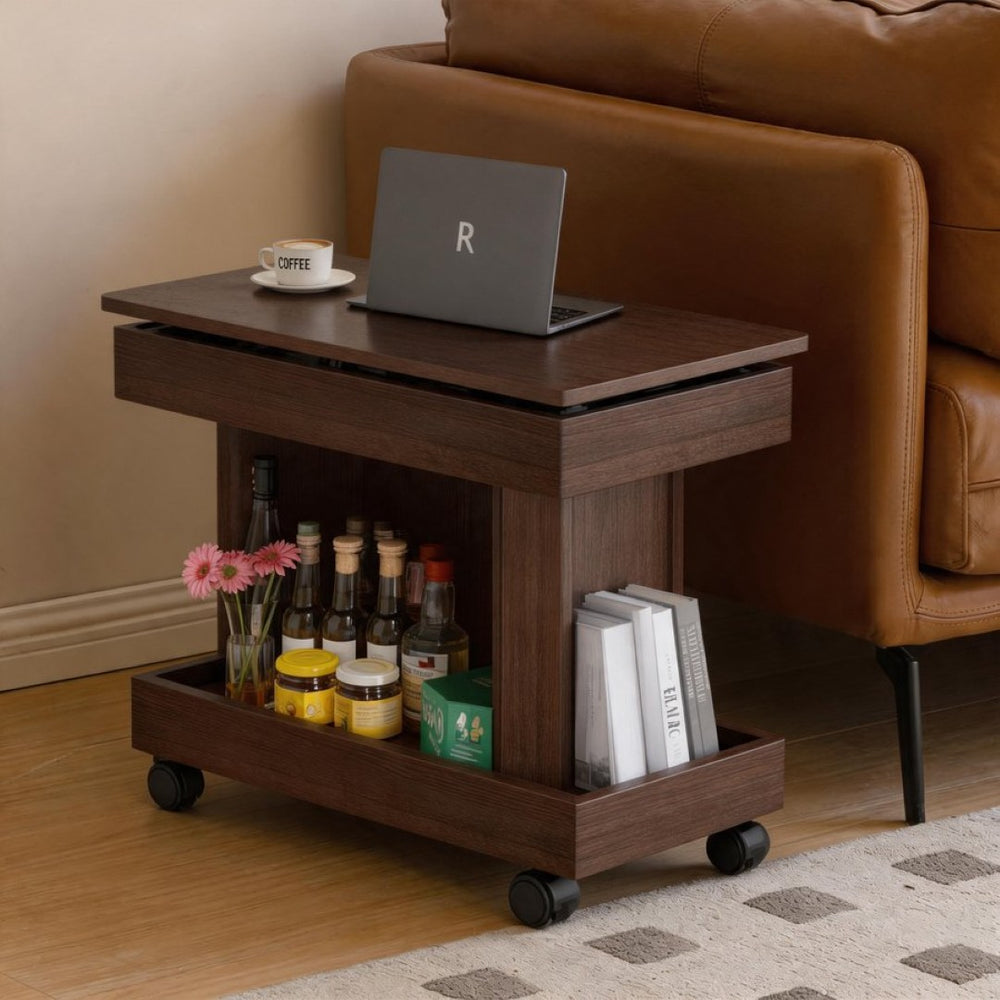 English Elm Small Rolling Coffee Table with Rotating Top Two Tier Shelf for Living Room Bedroom Walnut Brown W1445P513974