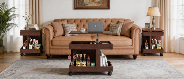 English Elm Small Rolling Coffee Table with Rotating Top Two Tier Shelf for Living Room Bedroom Walnut Brown W1445P513974