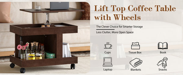 English Elm Small Rolling Coffee Table with Rotating Top Two Tier Shelf for Living Room Bedroom Walnut Brown W1445P513974