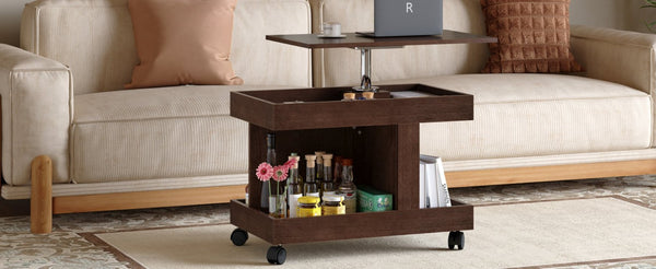 English Elm Small Rolling Coffee Table with Rotating Top Two Tier Shelf for Living Room Bedroom Walnut Brown W1445P513974