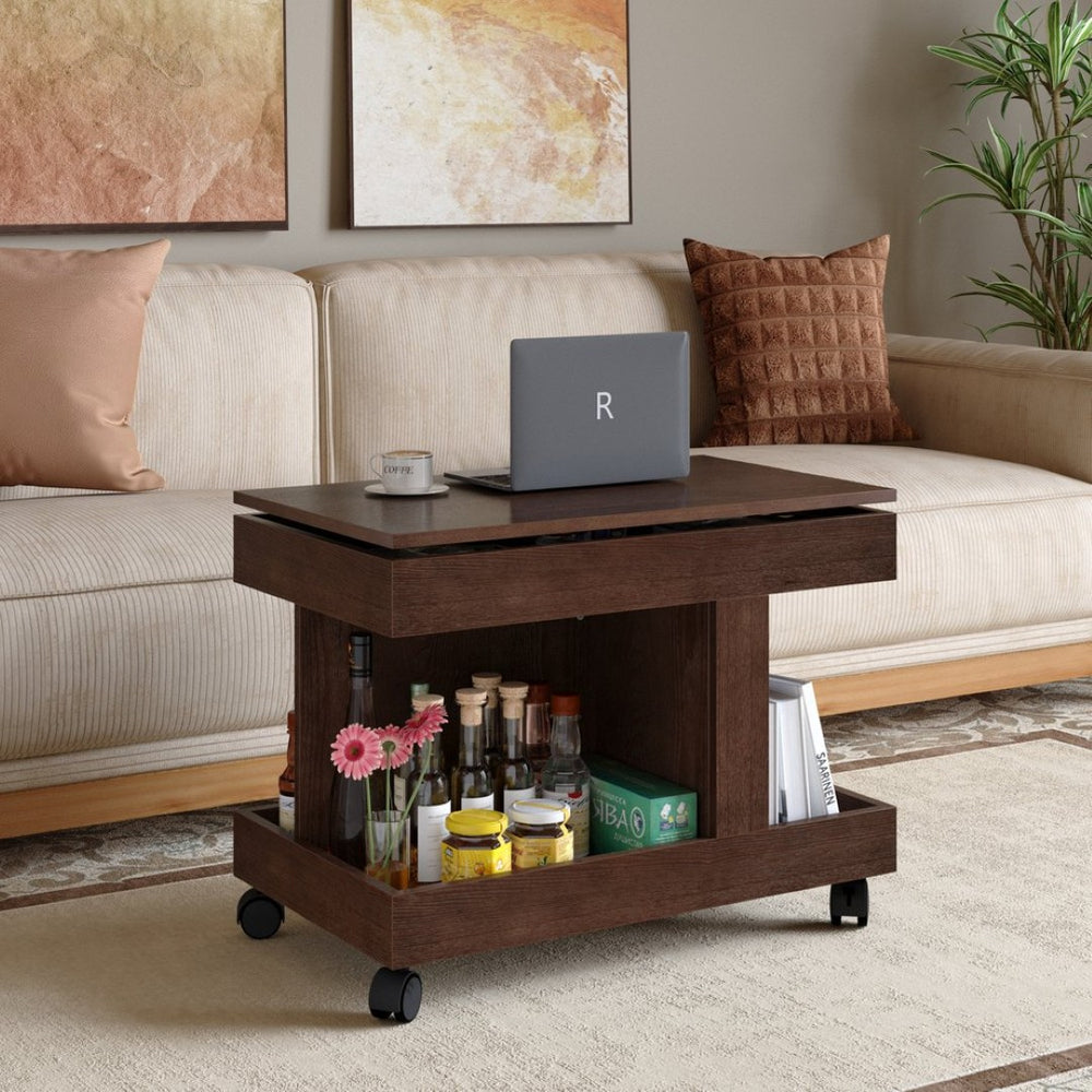 English Elm Small Rolling Coffee Table with Rotating Top Two Tier Shelf for Living Room Bedroom Walnut Brown W1445P513974