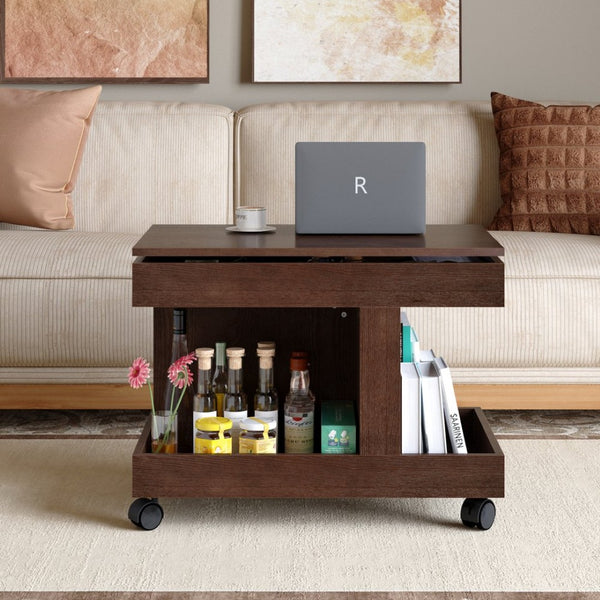 English Elm Small Rolling Coffee Table with Rotating Top Two Tier Shelf for Living Room Bedroom Walnut Brown W1445P513974