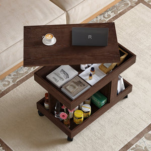 English Elm Small Rolling Coffee Table with Rotating Top Two Tier Shelf for Living Room Bedroom Walnut Brown W1445P513974