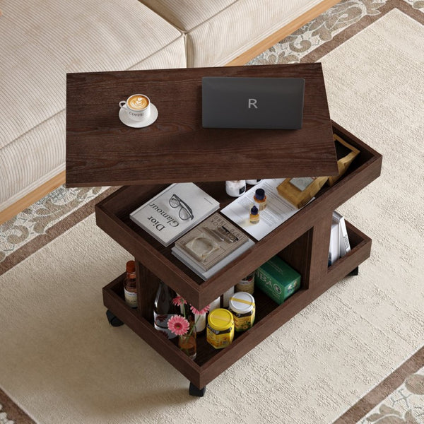 English Elm Small Rolling Coffee Table with Rotating Top Two Tier Shelf for Living Room Bedroom Walnut Brown W1445P513974