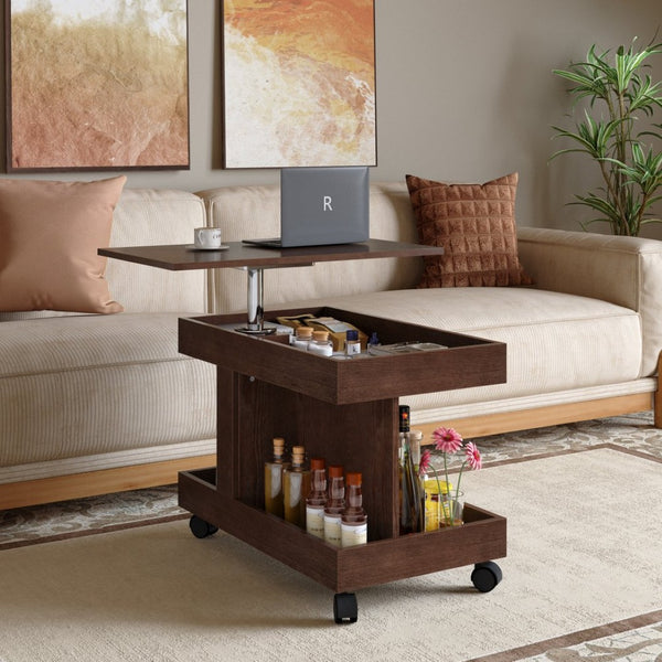 English Elm Small Rolling Coffee Table with Rotating Top Two Tier Shelf for Living Room Bedroom Walnut Brown W1445P513974