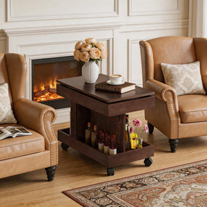 English Elm Small Rolling Coffee Table with Rotating Top Two Tier Shelf for Living Room Bedroom Walnut Brown W1445P513974