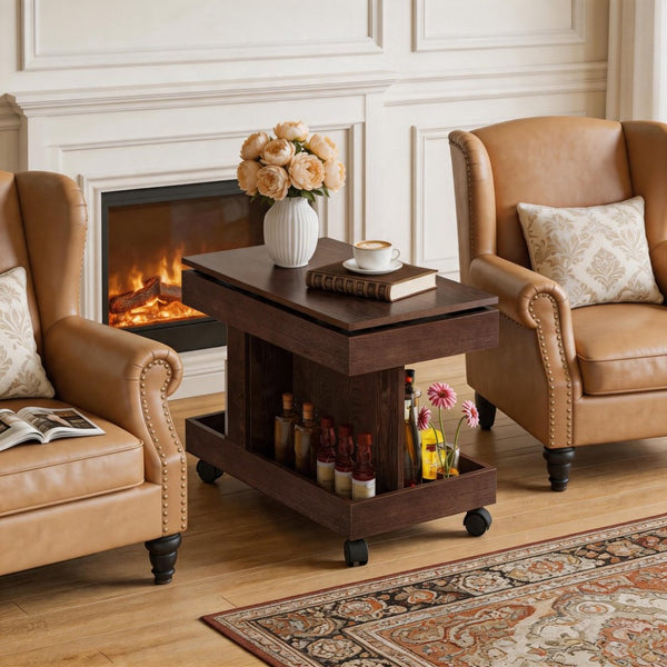English Elm Small Rolling Coffee Table with Rotating Top Two Tier Shelf for Living Room Bedroom Walnut Brown W1445P513974