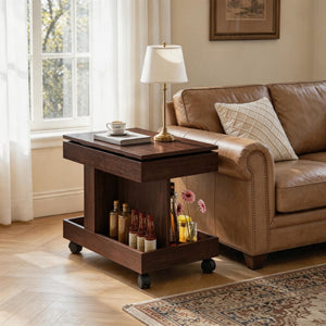 English Elm Small Rolling Coffee Table with Rotating Top Two Tier Shelf for Living Room Bedroom Walnut Brown W1445P513974