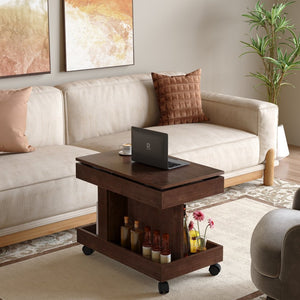 English Elm Small Rolling Coffee Table with Rotating Top Two Tier Shelf for Living Room Bedroom Walnut Brown W1445P513974