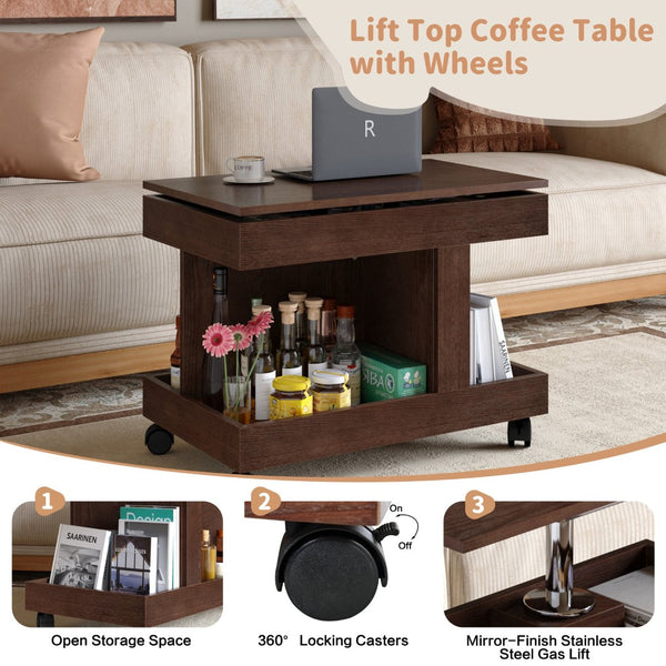 English Elm Small Rolling Coffee Table with Rotating Top Two Tier Shelf for Living Room Bedroom Walnut Brown W1445P513974