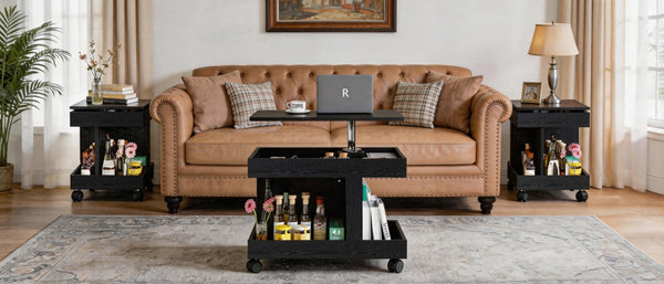 English Elm Small Rolling Coffee Table with Rotating Top Two Tier Shelf for Living Room Bedroom Black W1445P513975