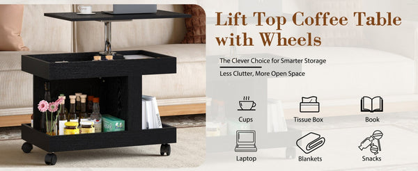 English Elm Small Rolling Coffee Table with Rotating Top Two Tier Shelf for Living Room Bedroom Black W1445P513975