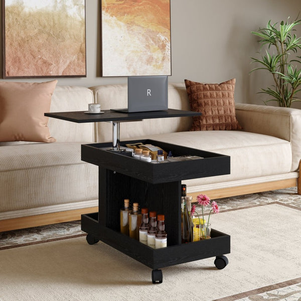 English Elm Small Rolling Coffee Table with Rotating Top Two Tier Shelf for Living Room Bedroom Black W1445P513975