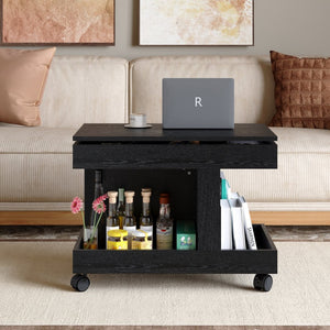 English Elm Small Rolling Coffee Table with Rotating Top Two Tier Shelf for Living Room Bedroom Black W1445P513975