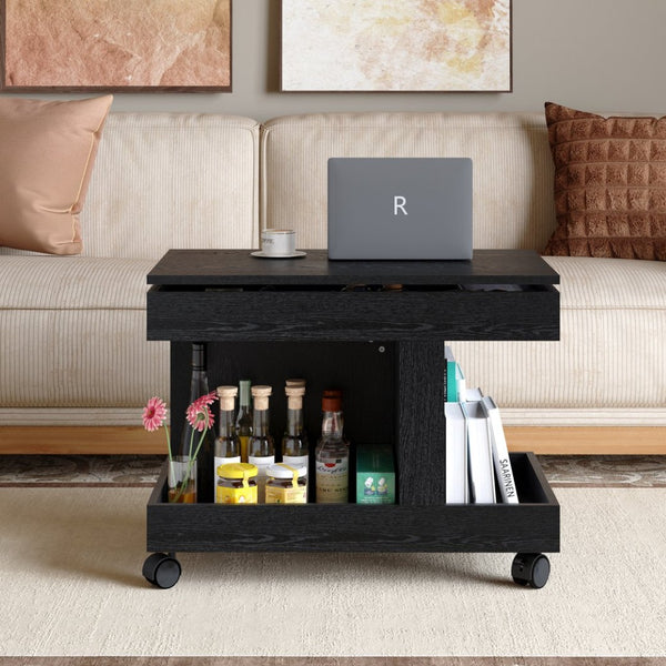 English Elm Small Rolling Coffee Table with Rotating Top Two Tier Shelf for Living Room Bedroom Black W1445P513975