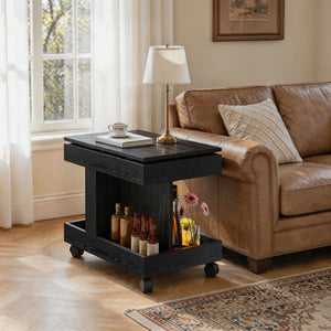 English Elm Small Rolling Coffee Table with Rotating Top Two Tier Shelf for Living Room Bedroom Black W1445P513975