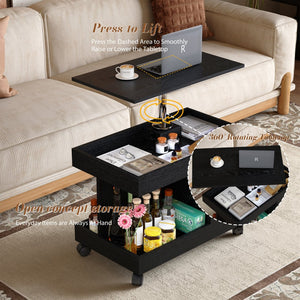 English Elm Small Rolling Coffee Table with Rotating Top Two Tier Shelf for Living Room Bedroom Black W1445P513975