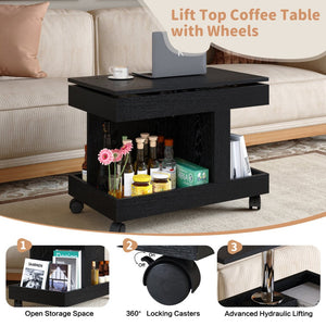 English Elm Small Rolling Coffee Table with Rotating Top Two Tier Shelf for Living Room Bedroom Black W1445P513975