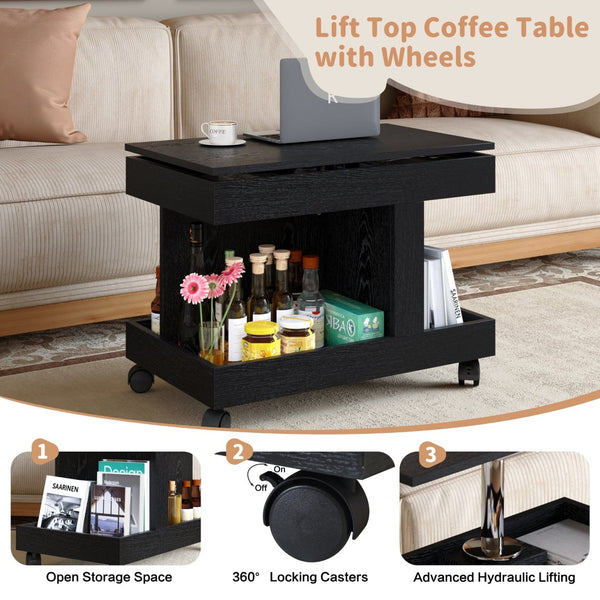 English Elm Small Rolling Coffee Table with Rotating Top Two Tier Shelf for Living Room Bedroom Black W1445P513975