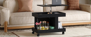English Elm Small Rolling Coffee Table with Rotating Top Two Tier Shelf for Living Room Bedroom Black W1445P513975