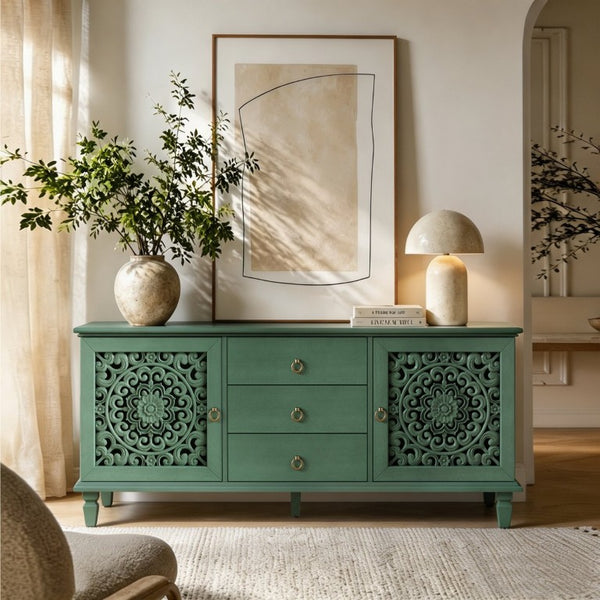 English Elm Farmhouse Solid Wood Console with Carved Doors Brass Pulls and Cabriole Legs Antique Green 55.51 L x 17.71 W x 25.59 H W1445P517321