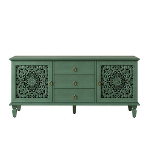 English Elm Farmhouse Solid Wood Console with Carved Doors Brass Pulls and Cabriole Legs Antique Green 55.51 L x 17.71 W x 25.59 H W1445P517321