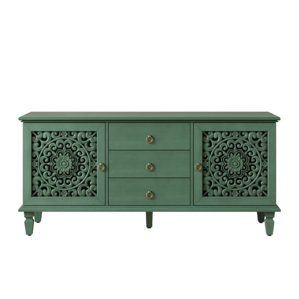 English Elm Farmhouse Solid Wood Console with Carved Doors Brass Pulls and Cabriole Legs Antique Green 55.51 L x 17.71 W x 25.59 H W1445P517321