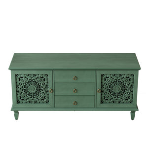 English Elm Farmhouse Solid Wood Console with Carved Doors Brass Pulls and Cabriole Legs Antique Green 55.51 L x 17.71 W x 25.59 H W1445P517321