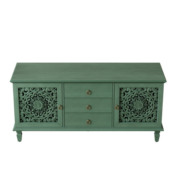 English Elm Farmhouse Solid Wood Console with Carved Doors Brass Pulls and Cabriole Legs Antique Green 55.51 L x 17.71 W x 25.59 H W1445P517321