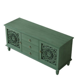 English Elm Farmhouse Solid Wood Console with Carved Doors Brass Pulls and Cabriole Legs Antique Green 55.51 L x 17.71 W x 25.59 H W1445P517321