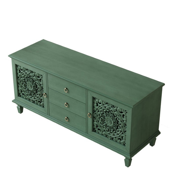 English Elm Farmhouse Solid Wood Console with Carved Doors Brass Pulls and Cabriole Legs Antique Green 55.51 L x 17.71 W x 25.59 H W1445P517321
