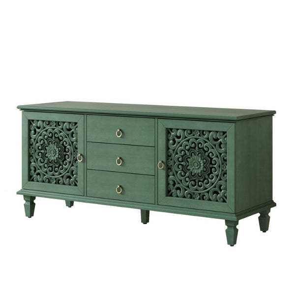 English Elm Farmhouse Solid Wood Console with Carved Doors Brass Pulls and Cabriole Legs Antique Green 55.51 L x 17.71 W x 25.59 H W1445P517321