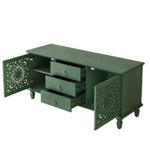 English Elm Farmhouse Solid Wood Console with Carved Doors Brass Pulls and Cabriole Legs Antique Green 55.51 L x 17.71 W x 25.59 H W1445P517321