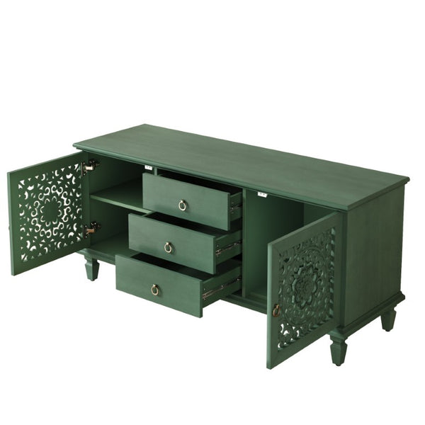 English Elm Farmhouse Solid Wood Console with Carved Doors Brass Pulls and Cabriole Legs Antique Green 55.51 L x 17.71 W x 25.59 H W1445P517321